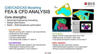 SIX D INDIA
Core strengths:
• Advanced Engineering Consulting
• Design Optimization
• Depth – Multi-disciplinary optimization
CAE/CAD/CAS Morphing
FEA & CFD ANALYSIS
CAE MORPHER:
• Morphs existing CAE models to new requirements.
• Parametrizes CAE models
• Facilitates Optimization
• Concept model builder
• Full vehicle CAE models in 1 week !!!
CAD MORPHER:
• Morphs existing CAD models to new requirements
• Extendable to tooling CAD as well
• BIW CAD generation in just 4 weeks !!!
RAPID MESH:
• Rapid FE/CFD model generation from CAD
• Meshing tools not found in other tools
• Full vehicle trimmed FE model in 2 man wks !!!
ENGG. WIZARDS:
• Design process automation wizards
• Will institutionalize expertise in any organization
• Aimed at product development engineers
RAPID
ME SH
CAE
Morpher
CAD
Morpher
RAPID
ME SH
CAD
Morpher
 