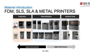 Material Introduction
FDM, SLS, SLA & METAL PRINTERS
PROFESSIONALPERSONAL PRODUCTION
Lower price points High Performance
SIX D INDIA
 