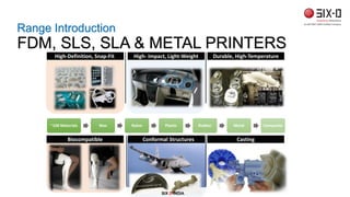 Range Introduction
FDM, SLS, SLA & METAL PRINTERS
High-Definition, Snap-Fit Durable, High-Temperature
Conformal StructuresBiocompatible Casting
~100 Materials Wax Nylon Plastic Rubber Metal Composite
High- Impact, Light-Weight
SIX D INDIA
 