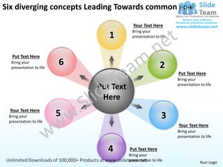 Six diverging concepts Leading Towards common goal

                                          Your Text Here
                                          Bring your
                                1         presentation to life.



  Put Text Here
  Bring your
  presentation to life
                         6                                2
                                                                  Put Text Here
                                                                  Bring your
                                                                  presentation to life
                             Put Text
                              Here
 Your Text Here
 Bring your              5                                 3
 presentation to life
                                                                  Your Text Here
                                                                  Bring your
                                                                  presentation to life


                                4       Put Text Here
                                        Bring your
                                        presentation to life                   Your Logo
 