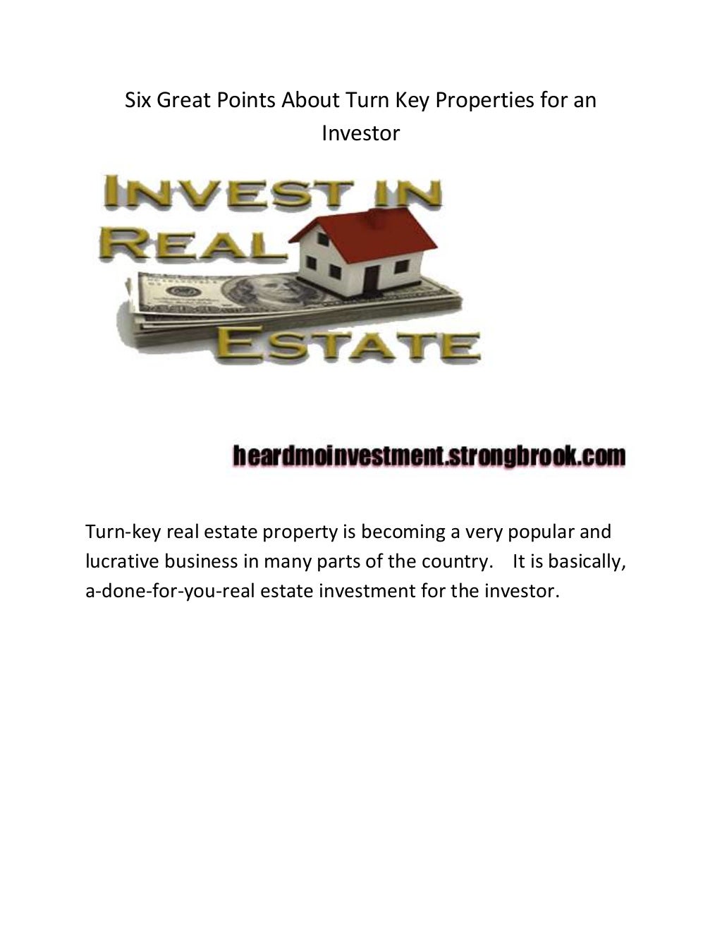 Six great points about turn key properties for an investor(1)