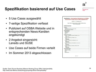 Open Source Software: Einsatz, Entwicklung und Forschung22. Februar 2016 34
Spezifikation basierend auf Use Cases
● 5 Use Cases ausgewählt
● 7-seitige Spezifikation verfasst
● Publiziert auf OSBA Website und in
entsprechenden News-Kanälen
angekündigt
● 2 Angebot eingereicht:
Lanedo und SUSE
● Use Cases auf beide Firmen verteilt
● Im Sommer 2013 abgeschlossen
Quelle: Open Source Business Alliance Working Group Office Interoperability
http://www.osb-alliance.de/working-groups/wg-office-interoperability/
 