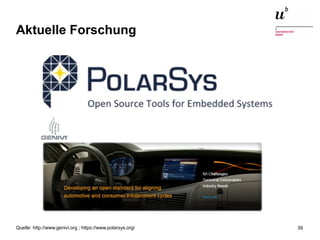 Open Source Software: Einsatz, Entwicklung und Forschung22. Februar 2016 39
Aktuelle Forschung
Quelle: http://www.genivi.org ; https://www.polarsys.org/
 
