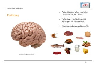25
«Stresslockerbewältigen»
Ernährung
- Antioxidanzien haben eine hohe
Bedeutung für das Gehirn.
- Bedarfsgerechte Ernährungist
wichtig für die Performance.
- Eiweisse sind wichtige Baustoffe.
Quelle: www.magazin.woxikon.de
 