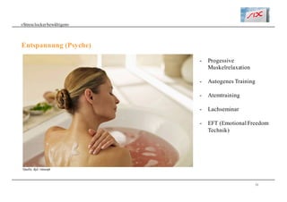 31
«Stresslockerbewältigen»
Entspannung (Psyche)
Quelle: djd / tetesept
- Progessive
Muskelrelaxation
- Autogenes Training
- Atemtraining
- Lachseminar
- EFT (Emotional Freedom
Technik)
 