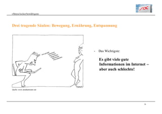 36
«Stresslockerbewältigen»
Drei tragende Säulen: Bewegung, Ernährung, Entspannung
Quelle: www.annahartmann.net
- Das Wichtigste:
Es gibt viele gute
Informationen im Internet –
aber auch schlechte!
 
