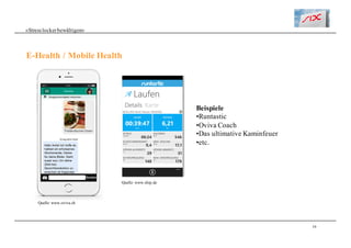 39
«Stresslockerbewältigen»
E-Health / Mobile Health
Quelle: www.oviva.ch
Beispiele
•Runtastic
•Oviva Coach
•Das ultimative Kaminfeuer
•etc.
Quelle: www.chip.de
 