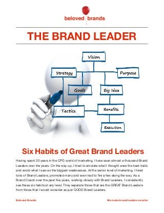THE BRAND LEADER
Six Habits of Great Brand Leaders
Having spent 20 years in the CPG world of marketing, I have seen almost a thousand Brand
Leaders over the years. On the way up, I tried to emulate what I thought were the best traits
and avoid what I saw as the biggest weaknesses. At the senior level of marketing, I hired
tons of Brand Leaders, promoted many and even had to ﬁre a few along the way. As a
Brand Coach over the past ﬁve years, working closely with Brand Leaders, I consistently
see these six habits at any level. They separate those that are the GREAT Brand Leaders
from those that I would consider as just GOOD Brand Leaders.

Beloved Brands We make brand leaders smarter
 