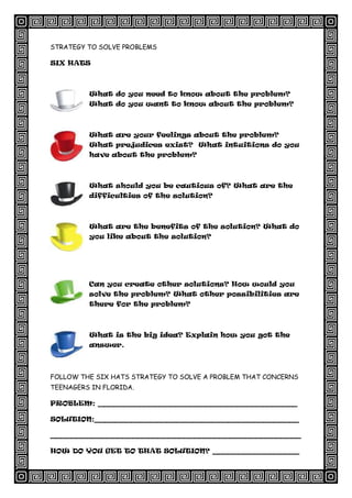 STRATEGY TO SOLVE PROBLEMS
SIX HATS
What do you need to know about the problem?
What do you want to know about the problem?
What are your feelings about the problem?
What prejudices exist? What intuitions do you
have about the problem?
What should you be cautious of? What are the
difficulties of the solution?
What are the benefits of the solution? What do
you like about the solution?
Can you create other solutions? How would you
solve the problem? What other possibilities are
there for the problem?
What is the big idea? Explain how you got the
answer.
FOLLOW THE SIX HATS STRATEGY TO SOLVE A PROBLEM THAT CONCERNS
TEENAGERS IN FLORIDA.
PROBLEM: _______________________________________
SOLUTION:________________________________________
_________________________________________________
HOW DO YOU GET TO THAT SOLUTION? _________________
 