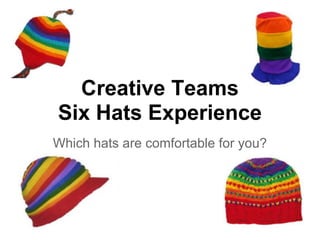 Creative Teams
Six Hats Experience
Which hats are comfortable for you?
 