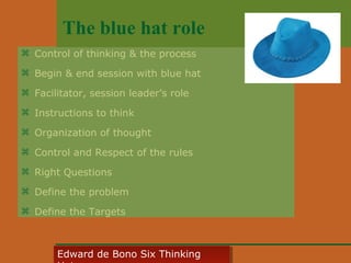 The blue hat role
 Control of thinking & the process
 Begin & end session with blue hat
 Facilitator, session leader’s role
 Instructions to think
 Organization of thought
 Control and Respect of the rules
 Right Questions
 Define the problem
 Define the Targets

Edward • CyberSkills, Inc.
Paul Reali de Bono Six Thinking
Edward de Bono Six Thinking

 