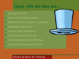 Open with the blue hat…
 Why we are here
 what we are thinking about
 definition of the situation or problem
 alternative definitions
 what we want to achieve
 where we want to end up
 the background to the thinking
 a plan for the sequence of hats

Edward • CyberSkills, Inc.
Paul Reali de Bono Six Thinking
Edward de Bono Six Thinking

 