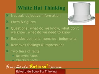 White Hat Thinking
 Neutral, objective information
 Facts & figures
 Questions: what do we know, what don’t
we know, what do we need to know
 Excludes opinions, hunches, judgments
 Removes feelings & impressions
 Two tiers of facts
• Believed Facts
• Checked Facts

It is a hat of a “Rational ” person.
Edward • CyberSkills, Inc.
Paul Reali de Bono Six Thinking
Edward de Bono Six Thinking

 