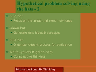 Hypothetical problem solving using
the hats - 2
 Blue hat
• Focus on the areas that need new ideas

 Green hat
• Generate new ideas & concepts

 Blue hat
• Organize ideas & process for evaluation

 White, yellow & green hats
• Constructive thinking

Edward • CyberSkills, Inc.
Paul Reali de Bono Six Thinking
Edward de Bono Six Thinking

 