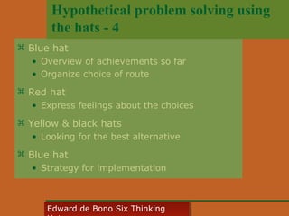 Hypothetical problem solving using
the hats - 4
 Blue hat
• Overview of achievements so far
• Organize choice of route

 Red hat
• Express feelings about the choices

 Yellow & black hats
• Looking for the best alternative

 Blue hat
• Strategy for implementation

Edward • CyberSkills, Inc.
Paul Reali de Bono Six Thinking
Edward de Bono Six Thinking

 