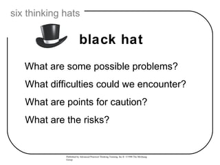 six thinking hats

                        black hat
   What are some possible problems?
   What difficulties could we encounter?
   What are points for caution?
   What are the risks?


             Published by Advanced Practical Thinking Training, Inc.® ©1998 The McQuaig
             Group
 