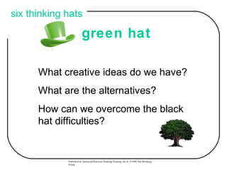 six thinking hats

                        green hat

      What creative ideas do we have?
      What are the alternatives?
      How can we overcome the black
      hat difficulties?


             Published by Advanced Practical Thinking Training, Inc.® ©1998 The McQuaig
             Group
 