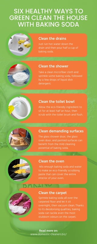 SIX HEALTHY WAYS TO
GREEN CLEAN THE HOUSE
WITH BAKING SODA
Clean the drains
Just run hot water down the
drain and then pour half a cup of
baking soda.
Clean the shower
Take a clean microfiber cloth and
sprinkle some baking soda, followed
by a few drops of liquid dish
detergent.
Clean the toilet bowl
Allow the eco-friendly ingredient to
sit for at least half an hour, then
scrub with the toilet brush and flush.
Clean demanding surfaces
The glass shower door, the glass
oven door, and painted surfaces can
benefit from the mild cleaning
potential of baking soda.
Clean the oven
Mix enough baking soda and water
to make an eco-friendly scrubbing
paste that can cover the entire
interior of your oven.
Clean the carpet
Sprinkle baking soda all over the
carpeted floor and let it sit
overnight, then vacuum clean. Thanks
to its deodorising qualities, baking
soda can tackle even the most
stubborn odours on the carpet.
www.domestic-cleaners.biz/
Read more on:
 