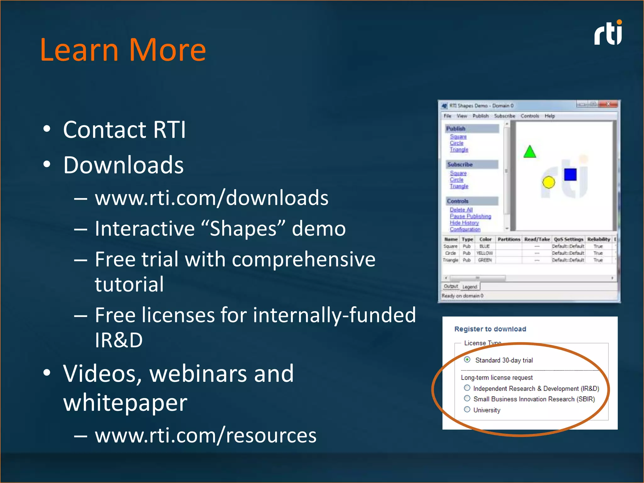 Learn More

• Contact RTI
• Downloads
  – www.rti.com/downloads
  – Interactive “Shapes” demo
  – Free trial with comprehensive
    tutorial
  – Free licenses for internally-funded
    IR&D
• Videos, webinars and
  whitepaper
  – www.rti.com/resources
 