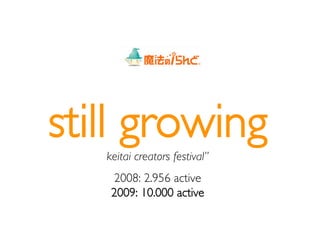 still growing
   keitai creators festival”
    2008: 2.956 active
    2009: 10.000 active
 