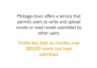 DeNa’s subsidiary Pocket Afﬁliate
handles advertising and afﬁliate site
 management for Mobage-town.
 Mobage-town also int...