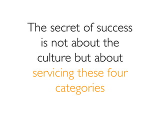 The secret of success
   is not about the
  culture but about
 servicing these four
       categories
 