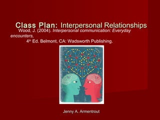 Jenny A. ArmentroutJenny A. Armentrout
Class Plan:Class Plan: Interpersonal RelationshipsInterpersonal Relationships
Wood, J. (2004). Interpersonal communication: Everyday
encounters,
4th
Ed. Belmont, CA: Wadsworth Publishing.
 