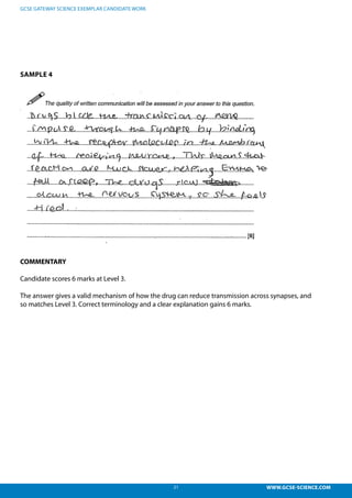21 WWW.GCSE-SCIENCE.COM
GCSE GATEWAY SCIENCE EXEMPLAR CANDIDATE WORK
SAMPLE 4
COMMENTARY
Candidate scores 6 marks at Level 3.
The answer gives a valid mechanism of how the drug can reduce transmission across synapses, and
so matches Level 3. Correct terminology and a clear explanation gains 6 marks.
3, 6 marks – The answer gives a valid mechanism of how the drug can redu
mission across synapses, and so matches level 3. Correct terminology and a
nation gains 6 marks.
 