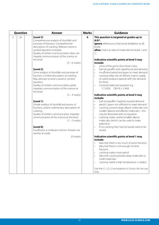32 WWW.GCSE-SCIENCE.COM
GCSE GATEWAY SCIENCE EXEMPLAR CANDIDATE WORK
Question Answer Marks Guidance
2 (a) [Level 3]
Comprehensive analysis of shortfalls and
excesses of fractions. Comprehensive
description of cracking. Relevant word or
symbol equation included.
Quality of written communication does not
impede communication of the science at
this level
(5 – 6 marks)
[Level 2]
Some analysis of shortfalls and excesses of
fractions. Limited description of cracking.
May attempt to write a word or symbol
equation.
Quality of written communication partly
impedes communication of the science at
this level
(3 – 4 marks)
[Level 1]
Simple analysis of shortfall and excess of
fractions, and/or rudimentary description of
cracking.
Quality of written communication impedes
communication of the science at this level
(1 – 2 marks)
[Level 0]
Insufficient or irrelevant science. Answer not
worthy of credit.
(0 marks)
6 This question is targeted at grades up to
A/A*.
ignore references to fractional distillation at all
levels.
allow chains as idea of molecules for levels 1 and
2.
Indicative scientific points at level 3 may
include:
•	 some of the points from level 2 plus
•	 fuel oil, paraffin and naphtha exceed demand
•	 insufficient petrol and gases to meet demand
•	 cracking helps the oil refinery match supply
of useful products (petrol) with the demand
for them.
•	 Correctly balanced equation e.g.
C12H26 C8H18 + C4H8
Indicative scientific points at level 2 may
include:
•	 fuel oil /paraffin /naphtha exceed demand
•	 petrol / gases not sufficient to meet demand
•	 cracking converts large alkane molecules into
smaller (alkane and alkene) molecules – this
may be illustrated with an equation
•	 cracking makes useful (smaller) alkene
molecules (which can be used to make
polymers)
•	 If no cracking then fuel oil would need to be
stored.
Indicative scientific points at level 1 may
include:
•	 idea that there is too much of some fractions
•	 idea that there is not enough of other
fractions
•	 cracking makes more petrol
•	 idea that cracking breaks large molecules to
small molecules
•	 cracking needs a high temperature / catalyst
Use the L1, L2, L3 annotations in Scoris; do not use
ticks.
 