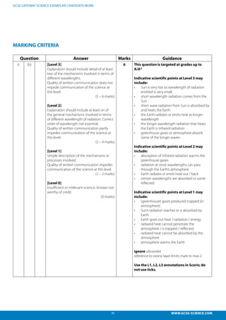 45 WWW.GCSE-SCIENCE.COM
GCSE GATEWAY SCIENCE EXEMPLAR CANDIDATE WORK
MARKING CRITERIA
Question Answer Marks Guidance
6 (b) [Level 3]
Explanation should include detail of at least
two of the mechanisms involved in terms of
different wavelengths.
Quality of written communication does not
impede communication of the science at
this level.
(5 – 6 marks)
[Level 2]
Explanation should include at least on of
the general mechanisms involved in terms
of different wavelength of radiation. Correct
order of wavelength not essential.
Quality of written communication partly
impedes communication of the science at
this level.
(3 – 4 marks)
[Level 1]
Simple description of the mechanisms or
processes involved.
Quality of written communication impedes
communication of the science at this level.
(1 – 2 marks)
[Level 0]
Insufficient or irrelevant science. Answer not
worthy of credit.
(0 marks)
6 This question is targeted at grades up to
A/A*
Indicative scientific points at Level 3 may
include:
•	 Sun is very hot so wavelength of radiation
emitted is very small
•	 short wavelength radiation comes from the
Sun
•	 short wave radiation from Sun is absorbed by
and heats the Earth
•	 the Earth radiates or emits heat as longer
wavelength
•	 the longer wavelength radiation that heats
the Earth is infrared radiation
•	 greenhouse gases or atmosphere absorb
some of the longer waves
Indicative scientific points at Level 2 may
include:
•	 absorption of infrared radiation warms the
greenhouse gases
•	 radiation at most wavelengths can pass
through the Earth’s atmosphere
•	 Earth radiates or emits heat out / back
•	 certain wavelengths are absorbed or some
reflected
Indicative scientific points at Level 1 may
include:
•	 (greenhouse) gases produced trapped (in
atmosphere)
•	 Sun’s radiation reaches or is absorbed by
Earth
•	 Earth gives out heat / radiation / energy
•	 radiated heat cannot penetrate the
atmosphere / is trapped / reflected
•	 radiated heat cannot be absorbed by the
atmosphere
•	 atmosphere warms the Earth
ignore ultraviolet
reference to ozone layer limits mark to max 2
Use the L1, L2, L3 annotations in Scoris; do
not use ticks.
 