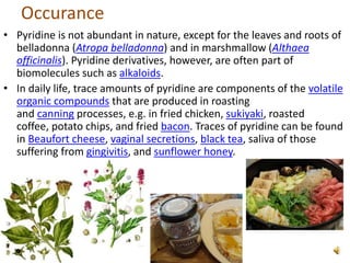 Occurance
• Pyridine is not abundant in nature, except for the leaves and roots of
belladonna (Atropa belladonna) and in marshmallow (Althaea
officinalis). Pyridine derivatives, however, are often part of
biomolecules such as alkaloids.
• In daily life, trace amounts of pyridine are components of the volatile
organic compounds that are produced in roasting
and canning processes, e.g. in fried chicken, sukiyaki, roasted
coffee, potato chips, and fried bacon. Traces of pyridine can be found
in Beaufort cheese, vaginal secretions, black tea, saliva of those
suffering from gingivitis, and sunflower honey.
 