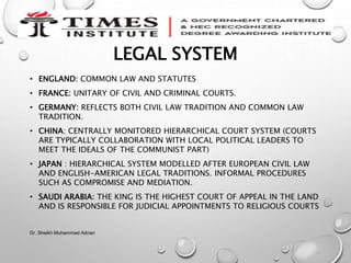 LEGAL SYSTEM
• ENGLAND: COMMON LAW AND STATUTES
• FRANCE: UNITARY OF CIVIL AND CRIMINAL COURTS.
• GERMANY: REFLECTS BOTH CIVIL LAW TRADITION AND COMMON LAW
TRADITION.
• CHINA: CENTRALLY MONITORED HIERARCHICAL COURT SYSTEM (COURTS
ARE TYPICALLY COLLABORATION WITH LOCAL POLITICAL LEADERS TO
MEET THE IDEALS OF THE COMMUNIST PART)
• JAPAN : HIERARCHICAL SYSTEM MODELLED AFTER EUROPEAN CIVIL LAW
AND ENGLISH-AMERICAN LEGAL TRADITIONS. INFORMAL PROCEDURES
SUCH AS COMPROMISE AND MEDIATION.
• SAUDI ARABIA: THE KING IS THE HIGHEST COURT OF APPEAL IN THE LAND
AND IS RESPONSIBLE FOR JUDICIAL APPOINTMENTS TO RELIGIOUS COURTS
Dr. Sheikh Muhammad Adnan
 
