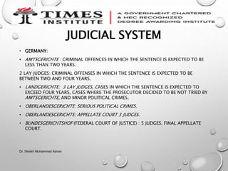 JUDICIAL SYSTEM
• GERMANY:
• AMTSGERICHTE : CRIMINAL OFFENCES IN WHICH THE SENTENCE IS EXPECTED TO BE
LESS THAN TWO YEARS.
2 LAY JUDGES: CRIMINAL OFFENSES IN WHICH THE SENTENCE IS EXPECTED TO BE
BETWEEN TWO AND FOUR YEARS.
• LANDGERICHTE: 3 LAY JUDGES, CASES IN WHICH THE SENTENCE IS EXPECTED TO
EXCEED FOUR YEARS, CASES WHERE THE PROSECUTOR DECIDED TO BE NOT TRIED BY
AMTSGERICHTE, AND MINOR POLITICAL CRIMES.
• OBERLANDESGERICHTE: SERIOUS POLITICAL CRIMES.
• OBERLANDESGERICHTE: APPELLATE COURT 3 JUDGES.
• BUNDESGERICHTSHOF (FEDERAL COURT OF JUSTICE) : 5 JUDGES. FINAL APPELLATE
COURT.
Dr. Sheikh Muhammad Adnan
 