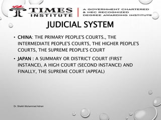 JUDICIAL SYSTEM
• CHINA: THE PRIMARY PEOPLE'S COURTS., THE
INTERMEDIATE PEOPLE'S COURTS, THE HIGHER PEOPLE'S
COURTS, THE SUPREME PEOPLE'S COURT
• JAPAN : A SUMMARY OR DISTRICT COURT (FIRST
INSTANCE), A HIGH COURT (SECOND INSTANCE) AND
FINALLY, THE SUPREME COURT (APPEAL)
Dr. Sheikh Muhammad Adnan
 