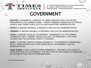 GOVERNMENT
• ENGLAND: A MONARCHY, HOWEVER THE PRIME MINISTER LEADS THE NATION.
PARLIAMENT IS THE SUPREME POWER – CABINET MEMBERS ADMINISTER THE POLICE,
COURTS, AND CORRECTIONS. ELECTED AND HEREDITARY REPRESENTATION.
• FRANCE: A UNITARY REPUBLIC, A PRESIDENT AND ELECTED REPRESENTATIVES.
• GERMANY: A UNITARY REPUBLIC, A PRESIDENT AND ELECTED REPRESENTATIVES.
• CHINA: A UNITARY SOCIALIST GOVERNMENT: SUBORDINATE TO THE CHINESE
COMMUNIST PARTY. PRIMARY ORGANS INCLUDE THE PRESIDENCY, THE STATE
COUNCIL AND THE NATIONAL PEOPLE’S CONGRESS.
• JAPAN : A UNITARY CONSTITUTIONAL MONARCHY ( THE EMPEROR IS CEREMONIAL)
WITH A PRIME MINISTER AND THREE BRANCHES OF GOVERNMENT. ELECTED
REPRESENTATION.
• SAUDI ARABIA: A NON CONSTITUTIONAL MONARCHY- THE KING IS THE CHIEF OF
STATE AND HEAD OF GOVERNMENT. THE KING SELECTS THE COUNCIL OF MINISTERS.
NO SYSTEM OF ELECTION OR REPRESENTATION.
Dr. Sheikh Muhammad Adnan
 
