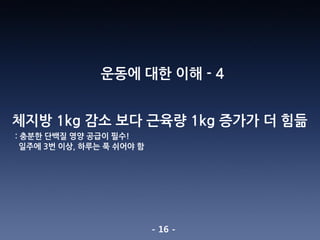 - 16 -
운동에 대한 이해 - 4
체지방 1kg 감소 보다 근육량 1kg 증가가 더 힘듦
: 충분한 단백질 영양 공급이 필수!
일주에 3번 이상, 하루는 푹 쉬어야 함
 