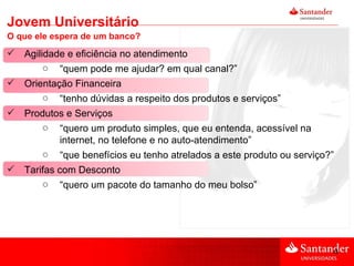 Jovem Universitário O que ele espera de um banco? Agilidade e eficiência no atendimento  “ quem pode me ajudar? em qual canal?” Orientação Financeira “ tenho dúvidas a respeito dos produtos e serviços” Produtos e Serviços “ quero um produto simples, que eu entenda, acessível na internet, no telefone e no auto-atendimento” “ que benefícios eu tenho atrelados a este produto ou serviço?” Tarifas com Desconto “ quero um pacote do tamanho do meu bolso” 