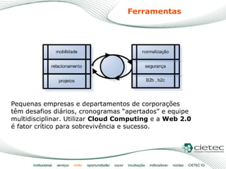Ferramentas Pequenas empresas e departamentos de corporações  têm desafios diários, cronogramas “apertados” e equipe multidisciplinar. Utilizar  Cloud Computing  e a  Web 2.0 é fator crítico para sobrevivência e sucesso. 