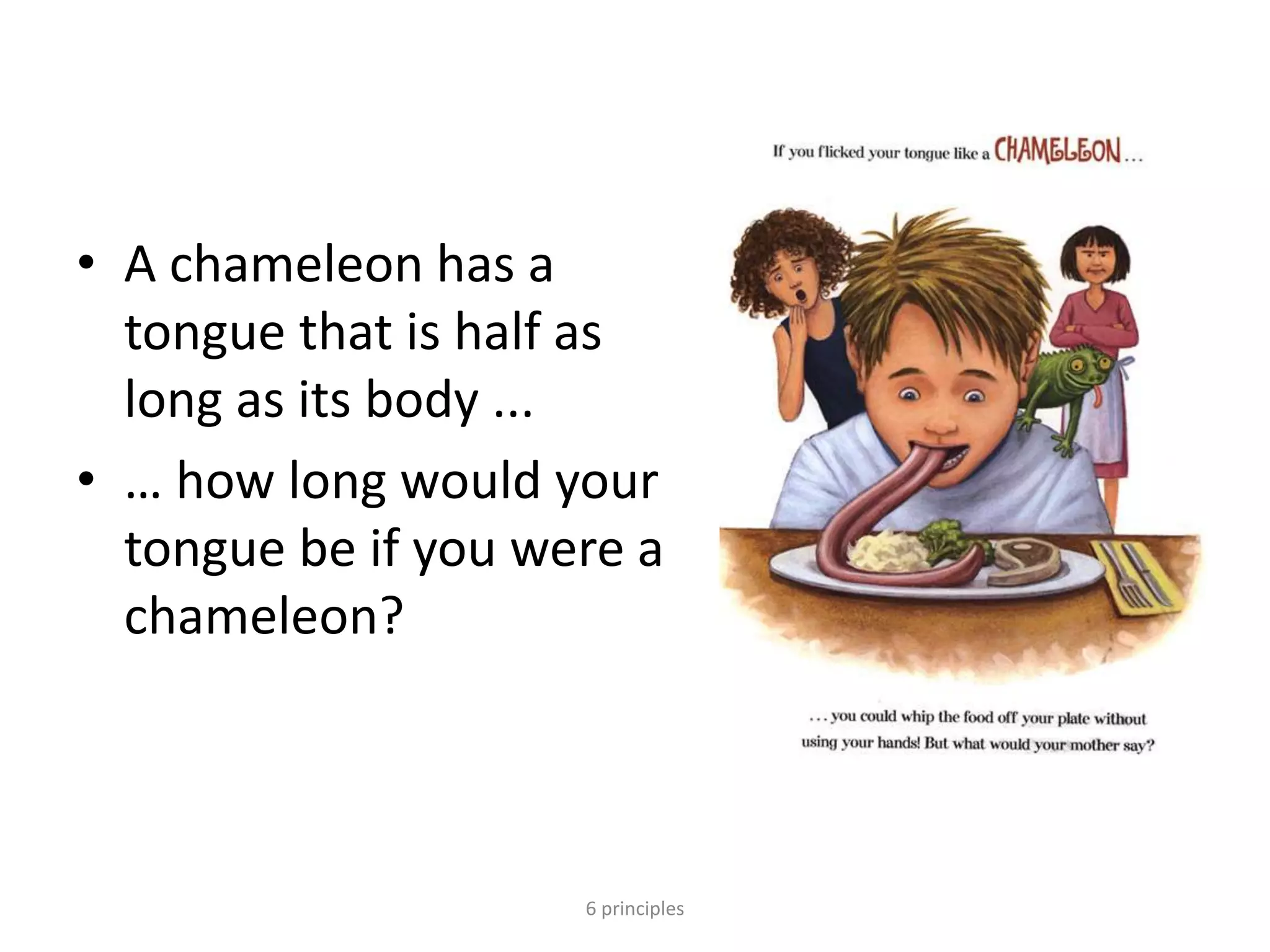 • A chameleon has a
tongue that is half as
long as its body ...
• … how long would your
tongue be if you were a
chameleon?
6 principles
 