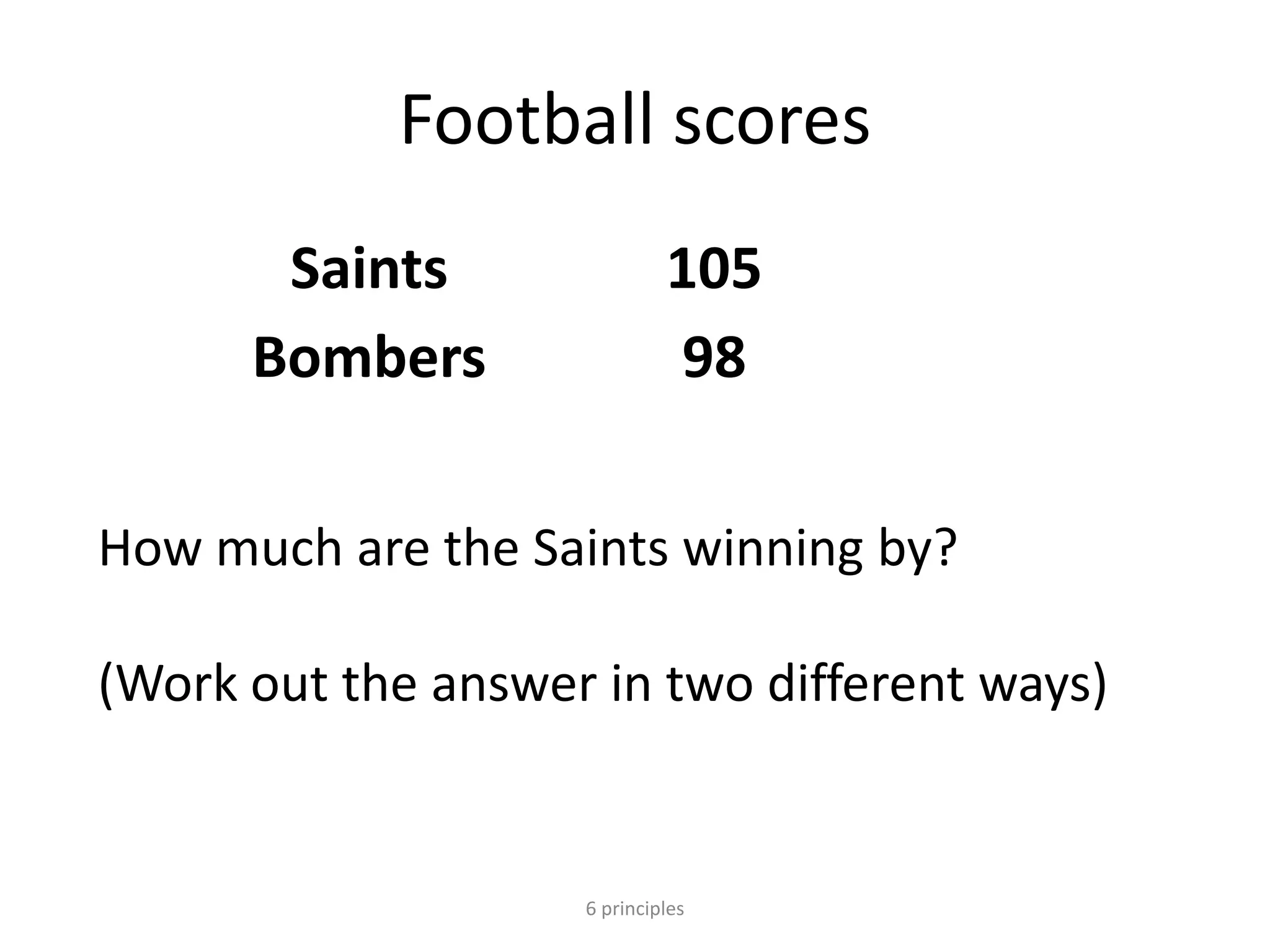 Football scores
Saints 105
Bombers 98
6 principles
How much are the Saints winning by?
(Work out the answer in two different ways)
 