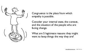 esther@estherderby.com @estherderby
Congruence is the place from which
empathy is possible.
Consider your internal state, the context,
and the situation of the people who are
facing change.
What are 5 legitimate reasons they might
want to keep things the way they are?
 