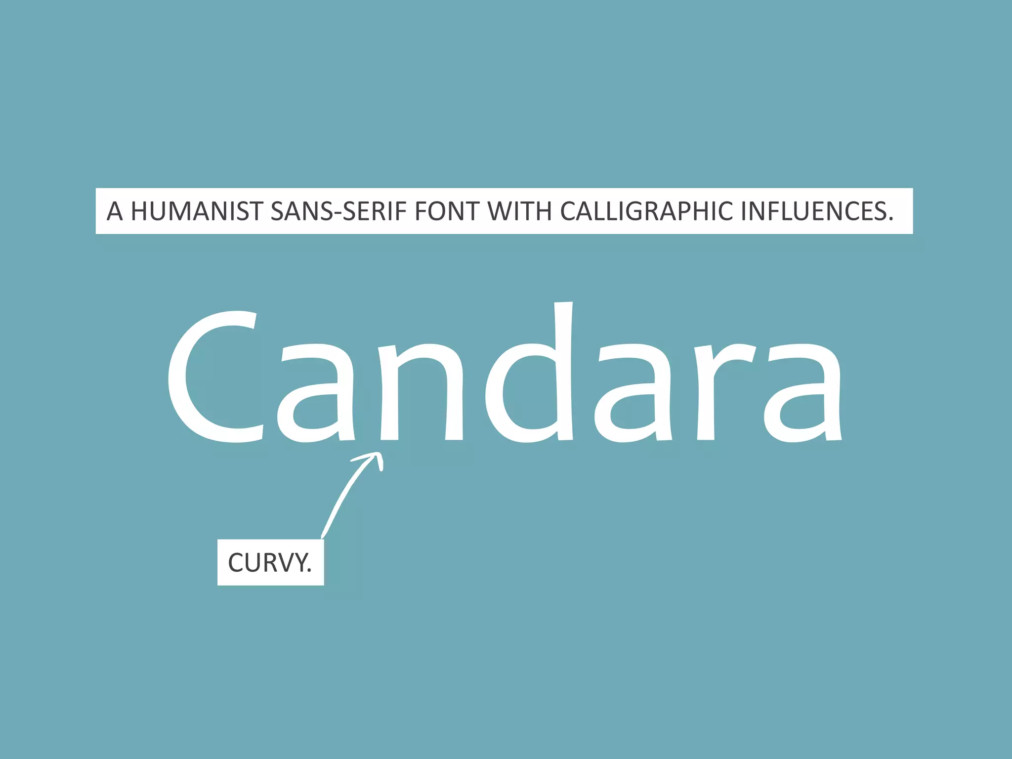 Candara
CURVY.
A HUMANIST SANS-SERIF FONT
WITH CALLIGRAPHIC INFLUENCES.
 