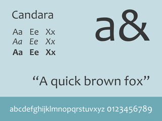 Candara
Aa Ee Xx
“A quick brown fox”
abcdefghijklmnopqrstuvxyz 0123456789
a&Aa Ee Xx
Aa Ee Xx
 