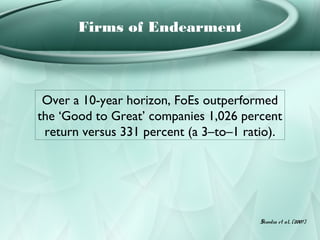 Firms of Endearment



 Over a 10-year horizon, FoEs outperformed
the ‘Good to Great’ companies 1,026 percent
 return versus 331 percent (a 3–to–1 ratio).




                                        Sisodia et al, (2007)
 