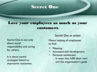 Secret One


Love your employees as much as your
            customers
                                 Secret One in action
Secret One is not only      Means helping all employees
about social                to find:
responsibility and caring
                            • Meaning
for others.
                            • Increased skill development
                            • Personal satisfaction
It is about sound
                                 in ways that fulfill their own
strategies linked to
                                 and the organization’s goals
impressive outcomes.
 