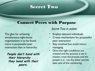 Secret Two


           Connect Peers with Purpose
                                   Secret Two in action
The glue for achieving           • Employ talented individuals
simultaneous tight-loose         • Create mechanisms for purposeful
organizations is to be found       peer interaction
more in purposeful peer          • Stay involved but avoid micro-
interaction than in hierarchy.     managing
                                 • Once the right conditions are
  People don’t bond with           created and the process is set in
   their hierarchy . . .           motion, trust the process and the
                                   people in it. Let the other secrets
   they bond with their
                                   take care of the monitoring.
          peers.
 