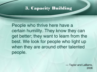 3. Capacity Building


People who thrive here have a
certain humility. They know they can
get better; they want to learn from the
best. We look for people who light up
when they are around other talented
people.

                           — Taylor and LaBarre,
                                           2006
 