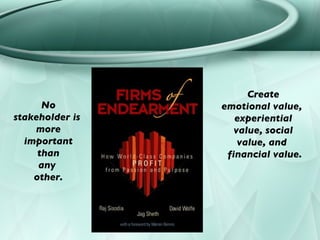 No stakeholder is  more important than any  other. Create emotional value,  experiential value, social value, and  financi...