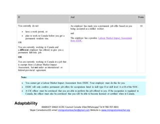 AMARJOT SINGH ICCRC Counsel Canada Viber/Whatsapp/ Tel # 780-707-4831
Skype Canadavisa101 email immigrationteacher@gmail.com Website is www.immigrationteacher.org
If And Points
You currently do not:
 have a work permit, or
 plan to work in Canada before you get a
permanent resident visa.
OR
You are currently working in Canada and
a different employer has offered to give you a
permanent full-time job.
OR
You are currently working in Canada in a job that
is exempt from a Labour Market Impact
Assessment, but not under an international or
federal-provincial agreement.
An employer has made you a permanent job offer based on you
being accepted as a skilled worker.
and
The employer has a positive Labour Market Impact Assessment
from ESDC.
10
Note:
 You cannot get a Labour Market Impact Assessment from ESDC. Your employer must do this for you.
 ESDC will only confirm permanent job offers for occupations listed in skill type O or skill level A or B of the NOC.
 A CIC officer must be convinced that you are able to perform the job offered to you. If the occupation is regulated in
Canada, the officer must also be convinced that you will be able to become licensed or certified when in Canada.
Adaptability
 