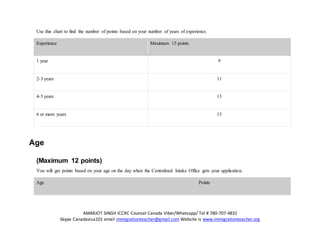 AMARJOT SINGH ICCRC Counsel Canada Viber/Whatsapp/ Tel # 780-707-4831
Skype Canadavisa101 email immigrationteacher@gmail.com Website is www.immigrationteacher.org
Use this chart to find the number of points based on your number of years of experience.
Experience Maximum 15 points
1 year 9
2-3 years 11
4-5 years 13
6 or more years 15
Age
(Maximum 12 points)
You will get points based on your age on the day when the Centralized Intake Office gets your application.
Age Points
 